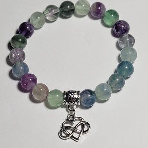 Natural Fluorite Crystal Beaded Bracelet w/Infinity Heart Charm 8mm 7" Medium